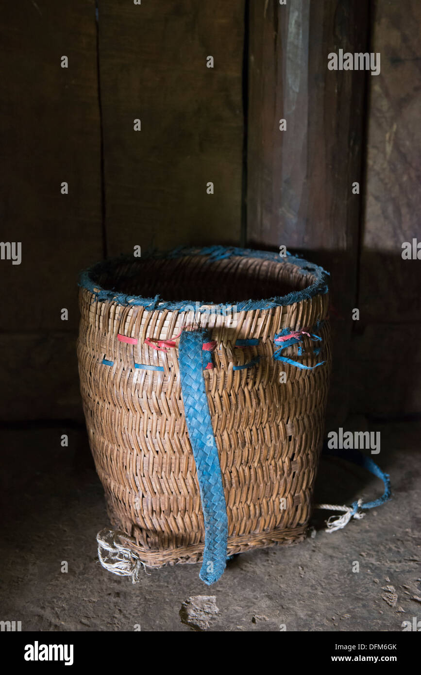Minority group Black Hmong`s bamboo basket backpack in the house, Sa Pa, Vietnam Stock Photo Alamy